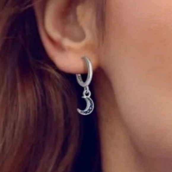 Moon & Star Earrings Sterling Silver Blue Rhinestone Small Hoop earring Trending - Picture 4 of 9